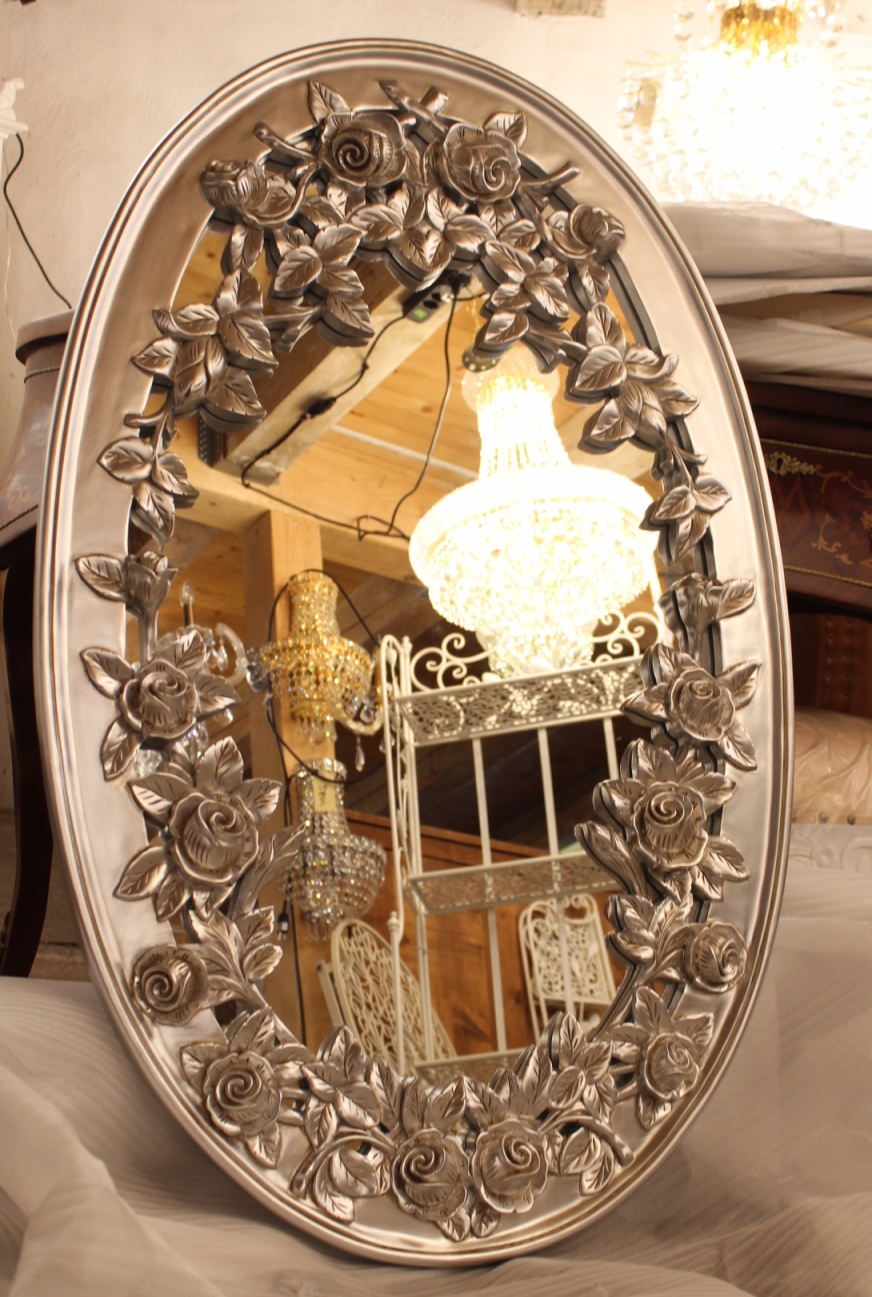 Spiegel mit Rosenschnitzerei Silber /110X70cm